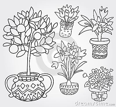 Cute Doodle Outline Spring Flowers in Pots. Vector Illustration