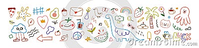 Cute doodle outlined design elements set. Funny creative line art animals, food, flower, rainbow, abstract shapes in Vector Illustration