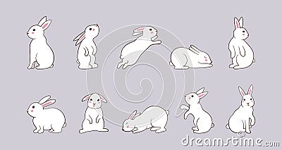 Cute doodle rabbits, white bunny characters. Sketch hand drawn line logo, adorable animal collection, happy nature Vector Illustration