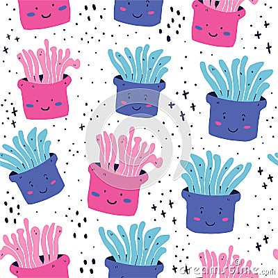 Cute doodle sea creatures seamless pattern Vector Illustration