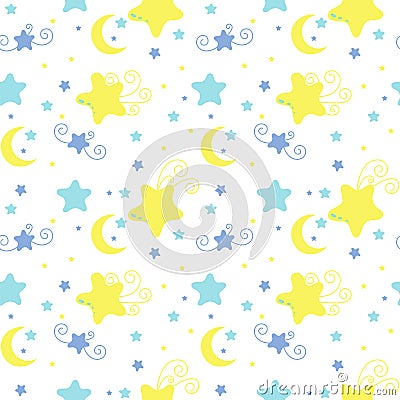 Cute doodle seamless pattern. Moon and stars Cartoon Illustration