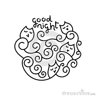 Cute doodle sleeping owls on branches in the form of spiral. Good night the Inscription Hand drawn Vector illustration. Graphics Cartoon Illustration