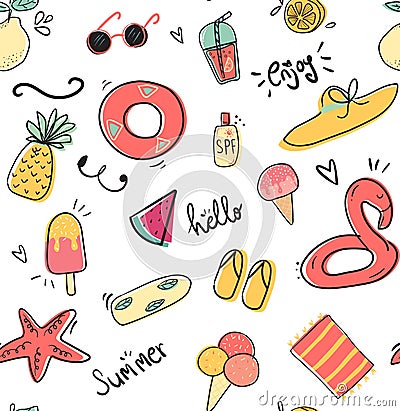 cute doodle summer collection pattern seamless flat vector illustration Vector Illustration