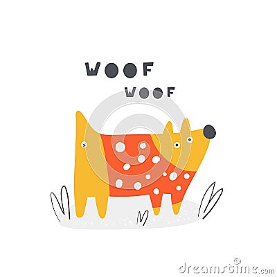Cute doodle woof dog for kids. Card, postcard, print, poster with funny puppy Stock Photo