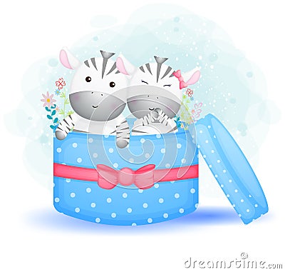 Cute doodle zebra couple inside the gift cartoon character Premium Vector Vector Illustration