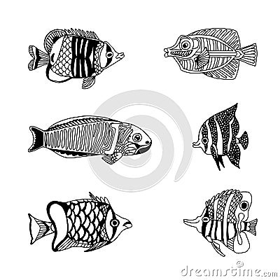 Cute doodles fishes. Vector drawing. Can be used in textile industry, coloringbook, paper, background, scrapbooking. Vector Illustration