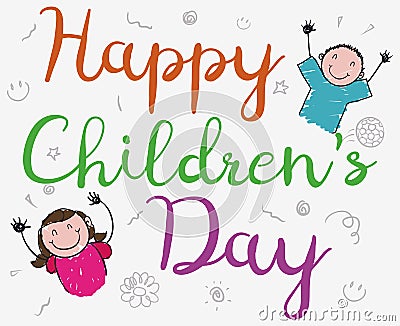 Cute Doodles of a Pair of Children Celebrating Their Day, Vector Illustration Vector Illustration