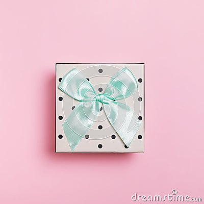 Cute dotted gift box on pastel pink background, top view. Stock Photo