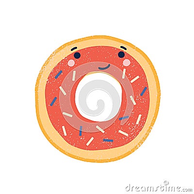 Cute doughnut flat vector illustration. Adorable smiling donut cartoon character. Delicious pastry, sweet dessert with Vector Illustration