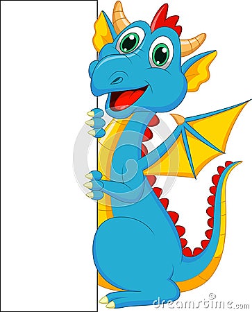 Cute dragon cartoon with blank sign Vector Illustration