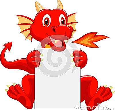 Cute dragon cartoon holding blank sign Vector Illustration