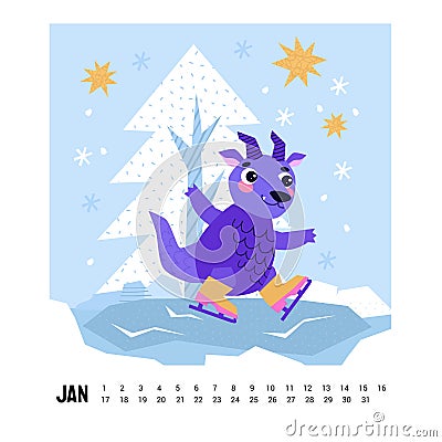 Cute Dragon cartoon mascot character. 2024 Dragon Calendar. January. Happy New Year of the Dragon. Dragon skates on an Stock Photo