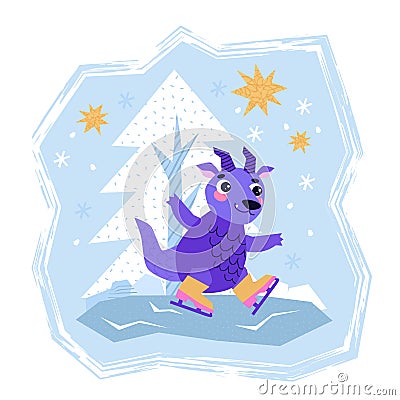 Cute Dragon cartoon mascot character. 2024 Dragon Calendar. January. Happy New Year of the Dragon. Dragon skates on an Vector Illustration