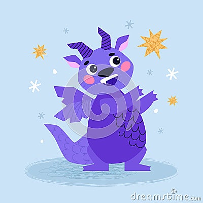 Cute Dragon cartoon mascot character. 2024 Dragon Calendar. January. Happy New Year of the Dragon. Dragon skates on an Vector Illustration