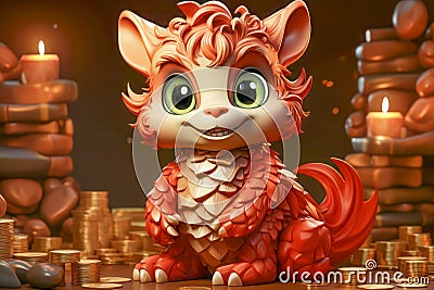Cute Dragon Creature Collecting Coins in Autumn Setting Cartoon Illustration