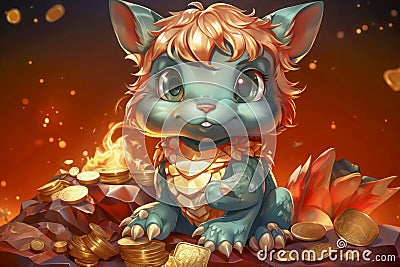 Cute Dragon Creature Collecting Coins in Autumn Setting Cartoon Illustration