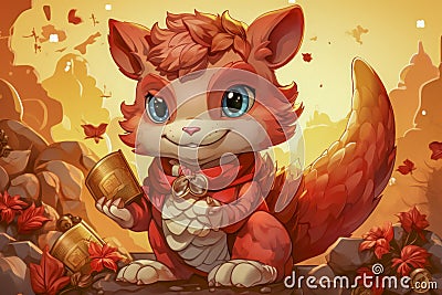 Cute Dragon Creature Collecting Coins in Autumn Setting Cartoon Illustration
