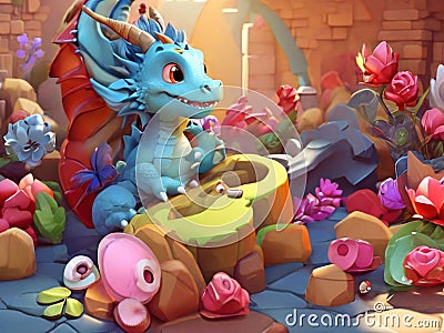 cute dragon 3d cartoon. Colourful dragon boat of the theme of Dragon Boat Festival Stock Photo