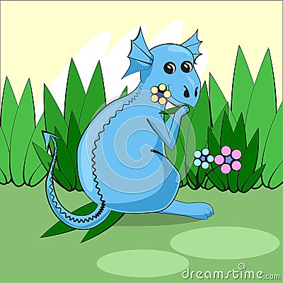 Cute dragon sitting on a green meadow with flowers and eats grass. Cartoon Illustration