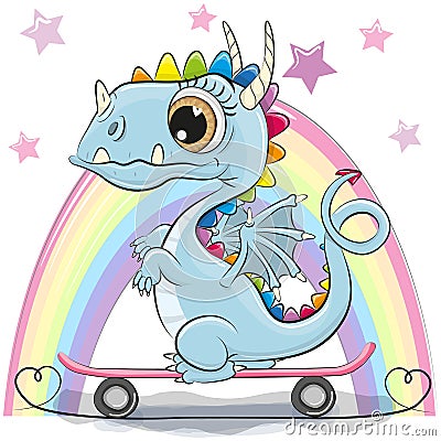 Cute Dragon with skateboard on a rainbow background Vector Illustration