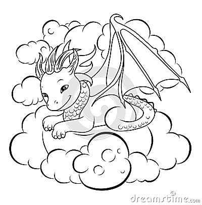 Cute dragon sleeping in the cloud.Dreamy.Simple line illustration for coloring.Dragon year 2024 coloring page Vector Illustration