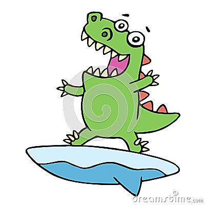 Cute dragon surfer on surfboard caught a wave. Vector illustration. Vector Illustration