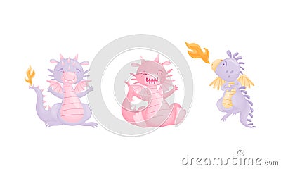 Cute Dragons as Horned and Winged Four-legged Creature from Fairytale Vector Set Vector Illustration