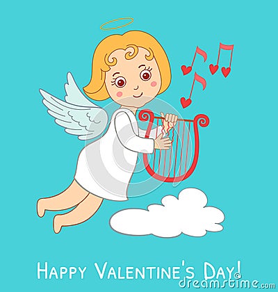 Cute cartoon cupid with harp on blue. Valentine`s Day card Stock Photo