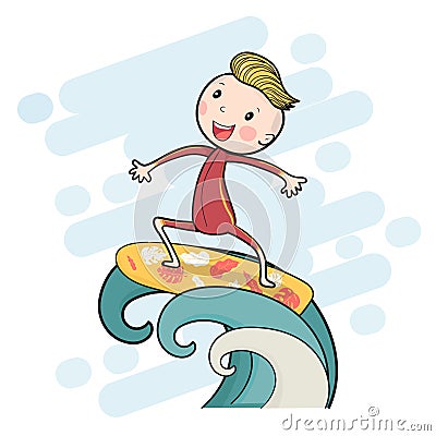 cute drawing surf boy on surfboard floating on big wave Vector Illustration