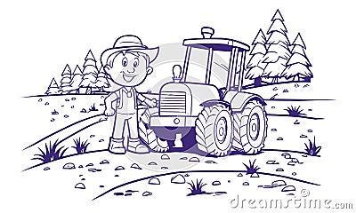 Cute drawn farmer man in a hat near the tractor in the field. Farmer and tractor in the field vector linear illustration for Vector Illustration