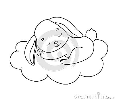 Cute dreaming bunny on cloud. Cartoon hand drawn vector outline illustration for coloring book. Line baby animal Vector Illustration
