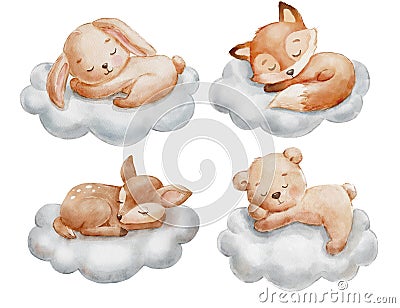 Cute dreaming bunny, deer, fox and bear on cloud. Cartoon hand drawn watercolor illustration. Baby animals set Cartoon Illustration