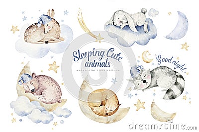 Cute dreaming cartoon animal deer, bear hand drawn watercolor illustration. Sleeping rabbit charecher kids nursery wear Cartoon Illustration