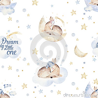 Cute dreaming cartoon animal hand drawn watercolor seamless pattern. Sleeping charecher kids nursery wear fashion design, baby Stock Photo