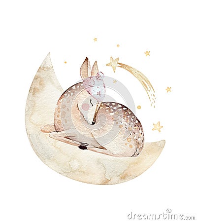 Cute dreaming cartoon deer animal hand drawn watercolor illustration. Sleeping charecher kids nursery wear fashion Cartoon Illustration