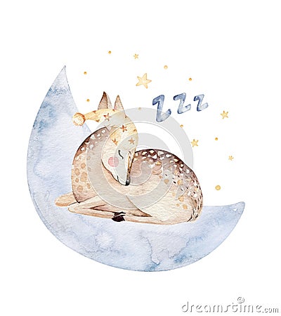 Cute dreaming cartoon deer animal hand drawn watercolor illustration. Sleeping charecher kids nursery wear fashion Cartoon Illustration