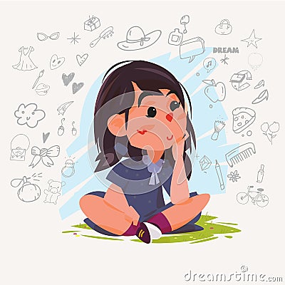 Cute dreaming girl. Young girl sitting on ground and thinking of Cartoon Illustration