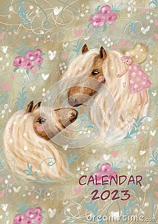 Cute dreaming romantic horses with a little girl. Calendar 2023 cover Stock Photo