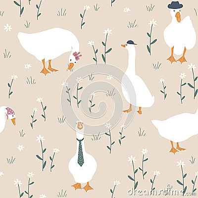 Cute dressed geese seamless pattern. Fashionable goose in a hat, tie, scarf. Funny vector background Vector Illustration