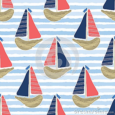 Cute driftwood sailboat on the blue ocean sea pattern. Marine water stripes seamless vector background. Sailing vessel for Stock Photo