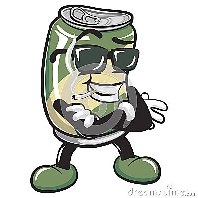 cute drink can vintage character mascot calm wearing cool glasses and smoking cigarette Vector Illustration