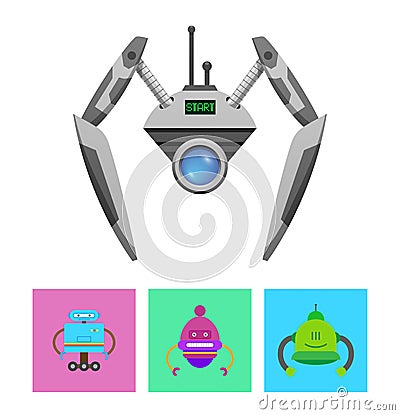 Cute Droid with Green Start Message on Display Vector Illustration