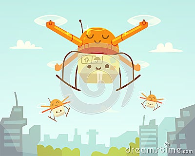 Cute drone and package. Drone delivery Vector Illustration