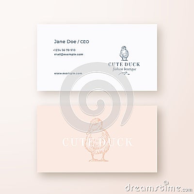 Cute Duck Abstract Feminine Vector Sign or Logo and Business Card Template. Premium Stationary Realistic Mock Up. Modern Vector Illustration