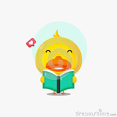 Cute duck character reading book icon illustration Vector Illustration