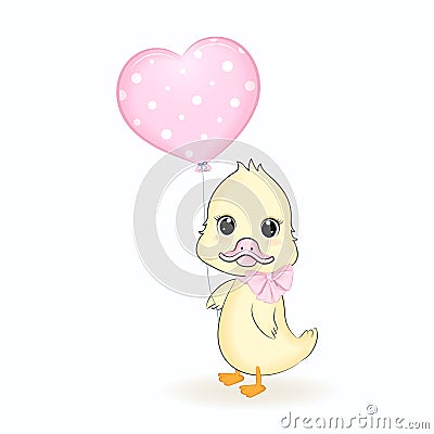 Cute Duck and heart balloon illustration Vector Illustration