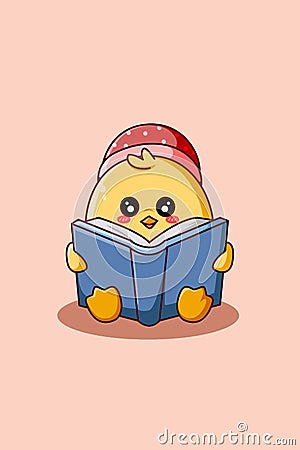 Cute duck reading a book animal cartoon illustration Vector Illustration