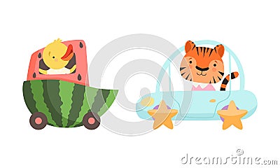 Cute Duck Riding with Watermelon Carriage and Tiger on Motor Car Vector Set Vector Illustration