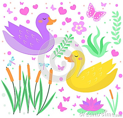 Cute duck set objects. Collection design elements with reeds, water lily, flowers, plants. Kids baby clip art funny Vector Illustration