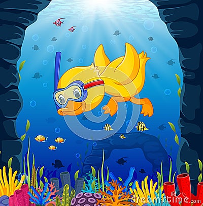 Cute duck snorkeling underwater sea Vector Illustration